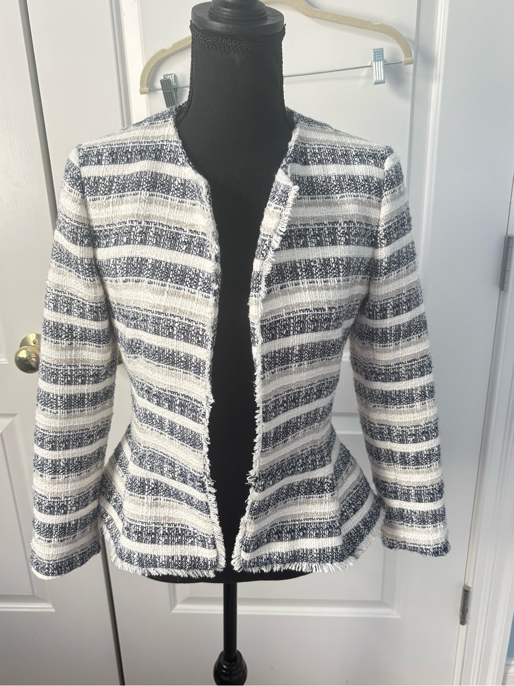 Ann Taylor Navy & White Striped Tweed Open-Front Blazer
